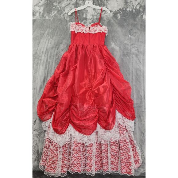 Vintage JCPenney Prom Dress Womens XS Red White Satin Lace Southern Belle Gown - Picture 4 of 11
